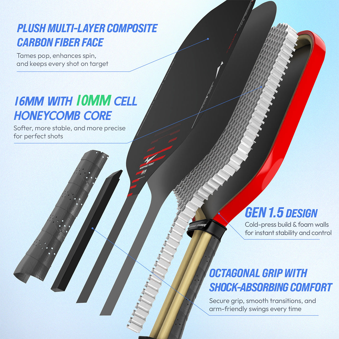 Warping Point Rhythm Pickleball Paddle 16mm in Red - Core, Maximum Spin & Control