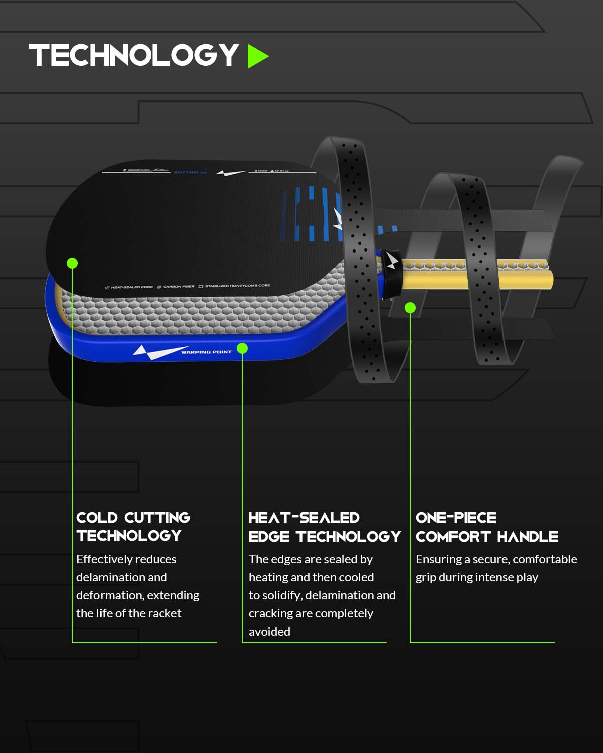 Warping Point Rhythm Carbon Fiber 16mm Pickleball Paddle | New 10mm Wide Honeycomb Core | Endura Friction Surface for Maximum Spin | Multiple Pickle Ball Racket Styles | Power & Control