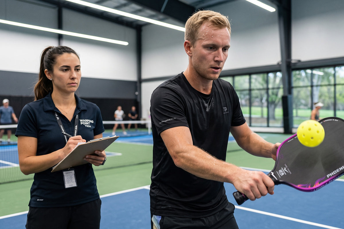 Players evaluating a Warping Point pickleball paddle during Horizon Lab testing