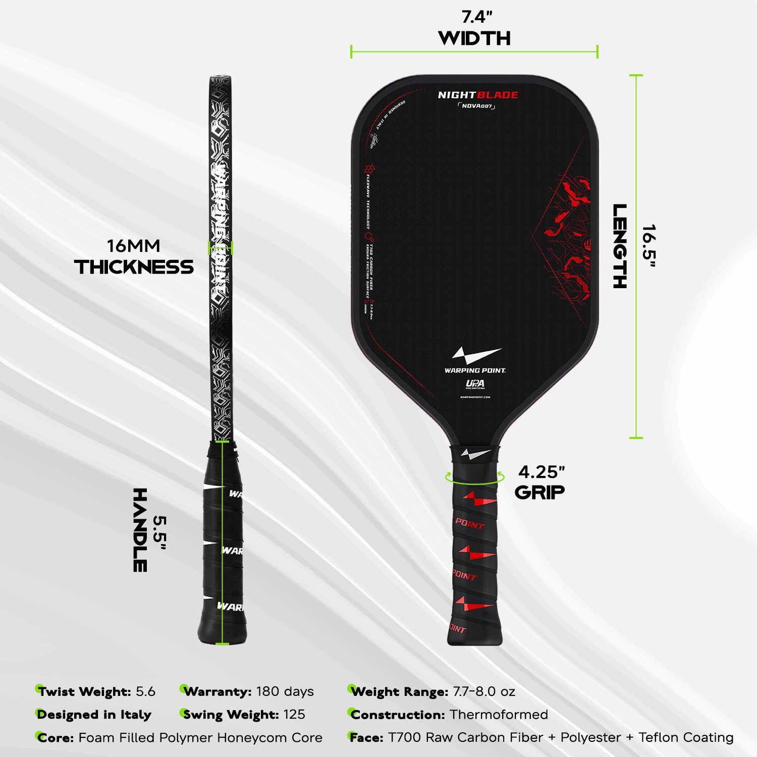 Nightblade Raw Carbon Fiber Pickleball Paddle, 14mm Foam Filled Polymer Honeycom Core, UPA-A & USAPA Approved, Endura Friction Surface, Long Handle for Two Handed Backhand, Enhanced Impact Feel & Spin