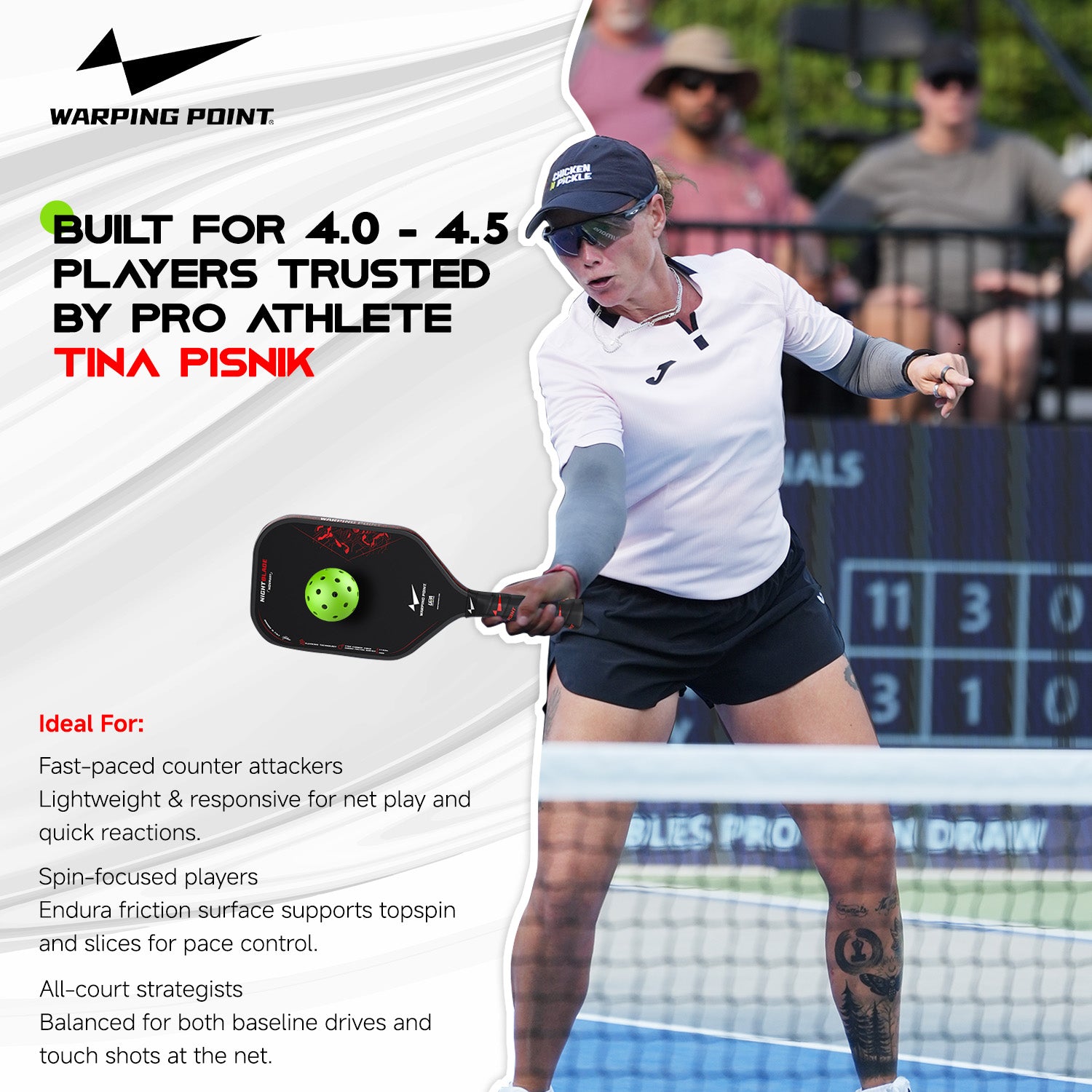 Nightblade Raw Carbon Fiber Pickleball Paddle, 14mm Foam Filled Polymer Honeycom Core, UPA-A & USAPA Approved, Endura Friction Surface, Long Handle for Two Handed Backhand, Enhanced Impact Feel & Spin