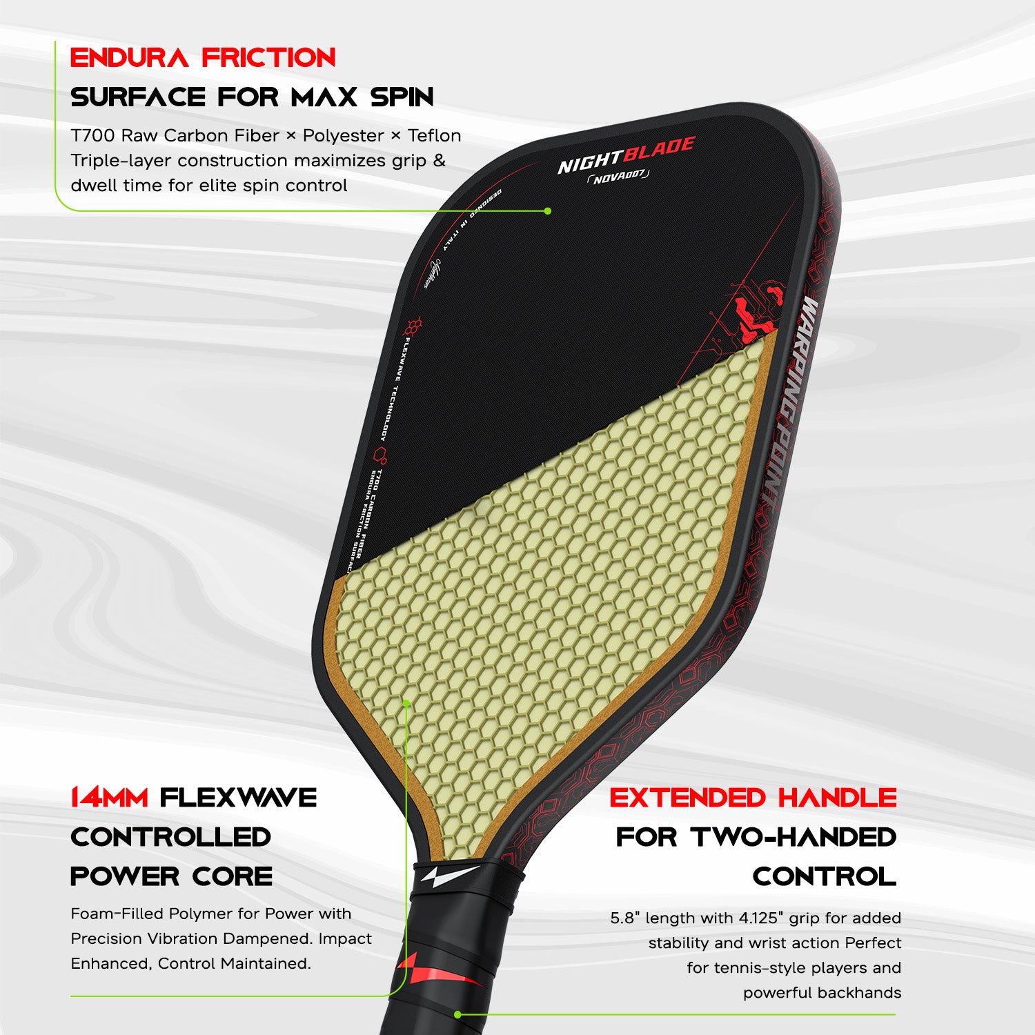Nightblade Raw Carbon Fiber Pickleball Paddle, 14mm Foam Filled Polymer Honeycom Core, UPA-A & USAPA Approved, Endura Friction Surface, Long Handle for Two Handed Backhand, Enhanced Impact Feel & Spin